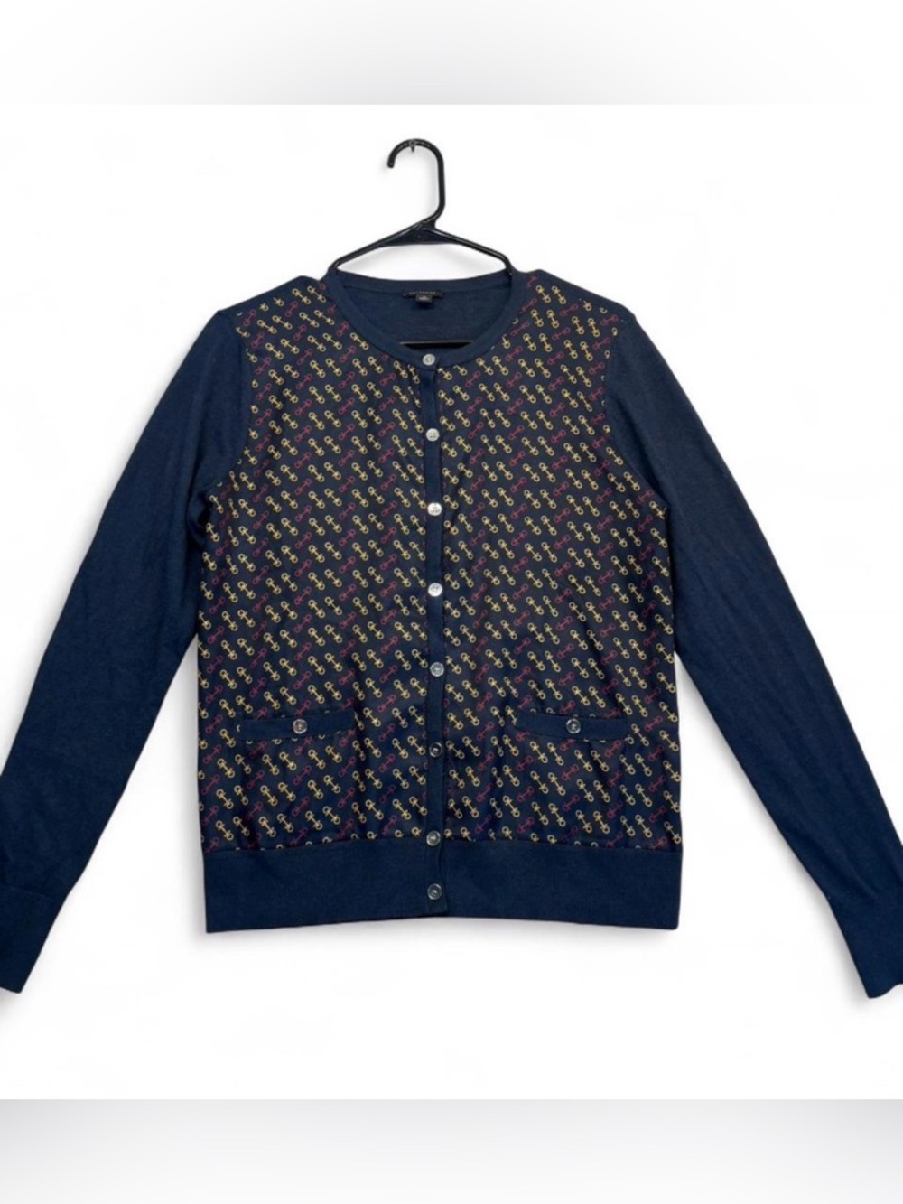 Ann Taylor Navy Cardigan with Multicolor Chain Motif